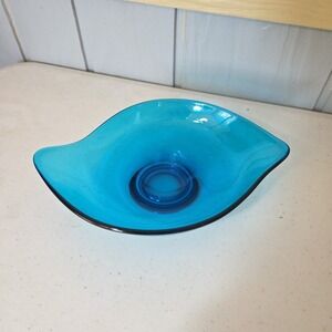MCM Viking Epic Line Bluenique Oblong Dish Console Bowl Freeform Art Glass